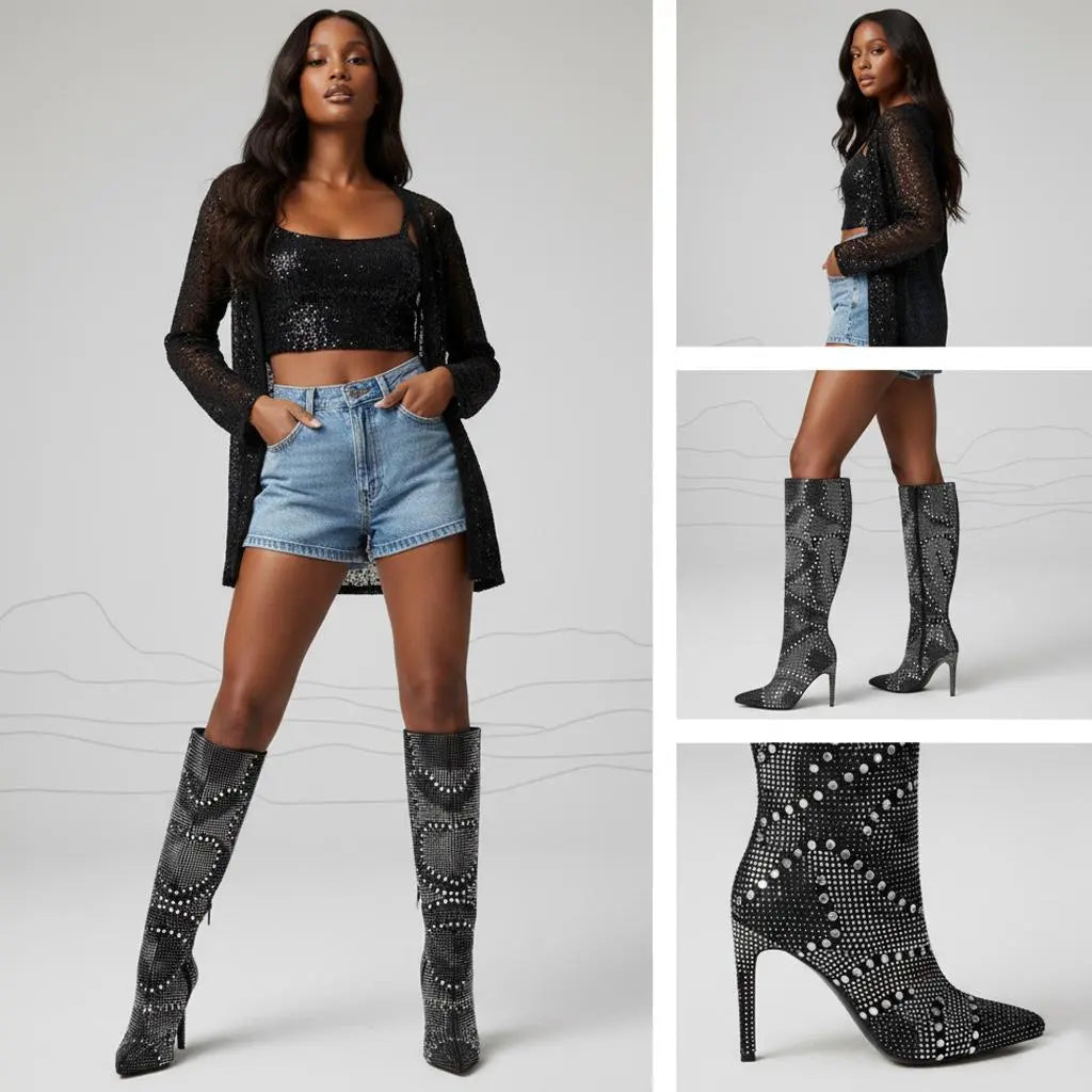 Tuhoomall Western Style Knee-High Glittering Stiletto Boots for Parties and Performances with Rhinestones and Geometric Patterns Tuhoomall