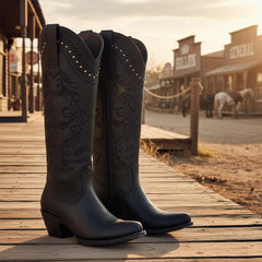 Tuhoomall Western Cowgirl Mid Calf Boots, Floral Embroidery, Chunky Heel, Comfortable Slip-On Style for Casual Fashion