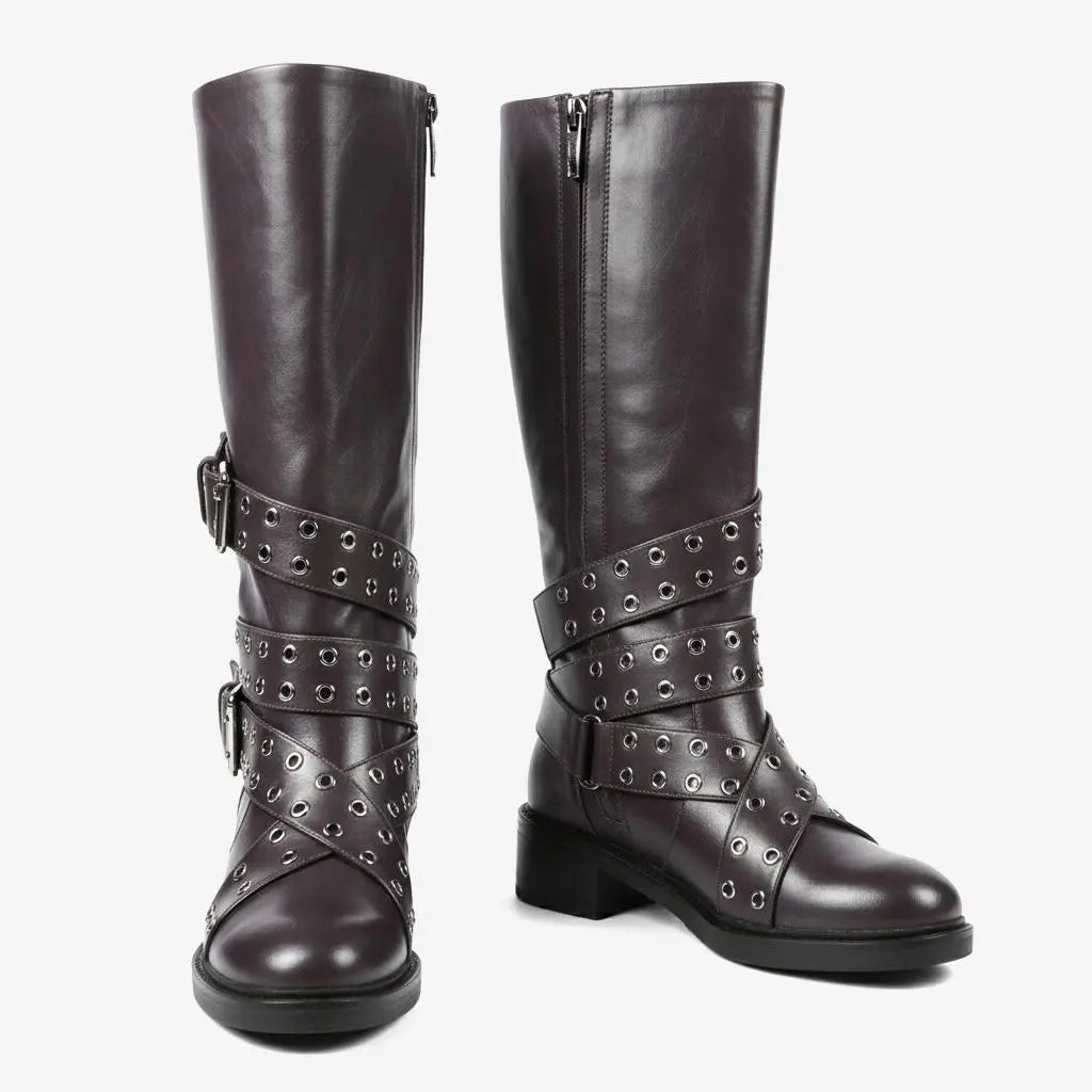Tuhoomall Knee-High Stylish PU Combat Boots for Women with Adjustable Buckles and Metallic Accents, Casual and Formal Wear, Comfortable Low Chunky Heel Tuhoomall