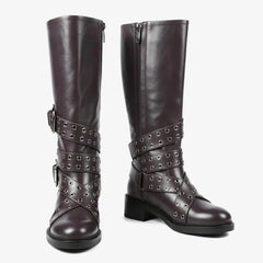 Tuhoomall Knee-High Stylish PU Combat Boots for Women with Adjustable Buckles and Metallic Accents, Casual and Formal Wear, Comfortable Low Chunky Heel Tuhoomall