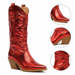 Tuhoomall Comfortable Western Boots for Women – 6cm Low Chunky Heel, Slip-On Design with Floral Embroidery - Fashionable All-Season Style