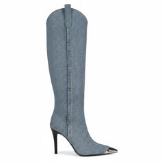 Tuhoomall Stylish High Heel Ankle Boots with Zipper, 10cm Stiletto, Rubber Sole, Metallic Shine, Denim Finish for Fashion, Casual, Office