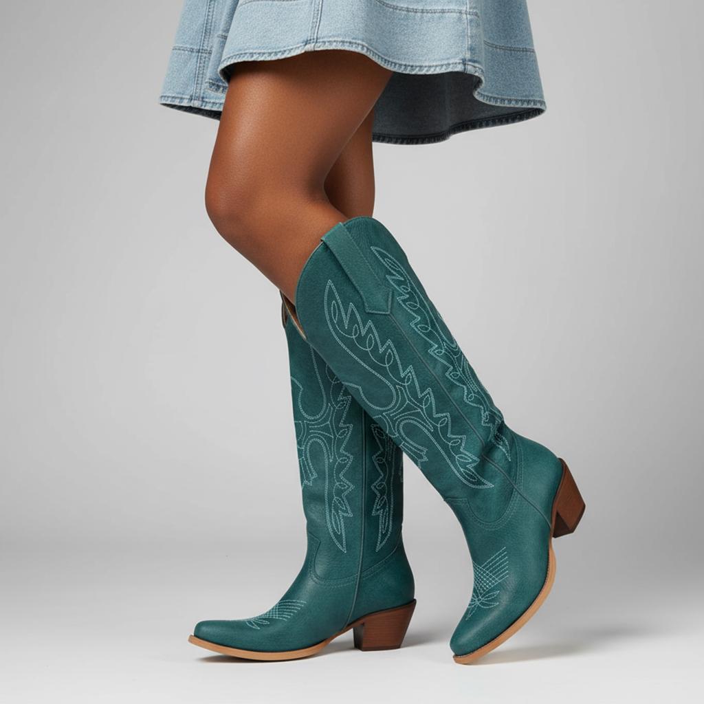 Tuhoomall Western Knee-High Boots for Women, Comfortable Suede Leather with Animal Embroidery, Perfect for Fashion and Casual Travel Activities Tuhoomall