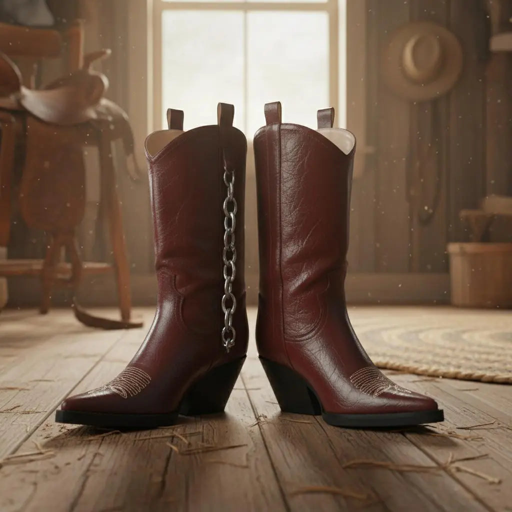 Tuhoomall Western Cowboy Ankle Boots For Women, Fashionable Chunky Heeled Mid-Calf Boots With Metal Buckle, Casual All-Season Style Tuhoomall