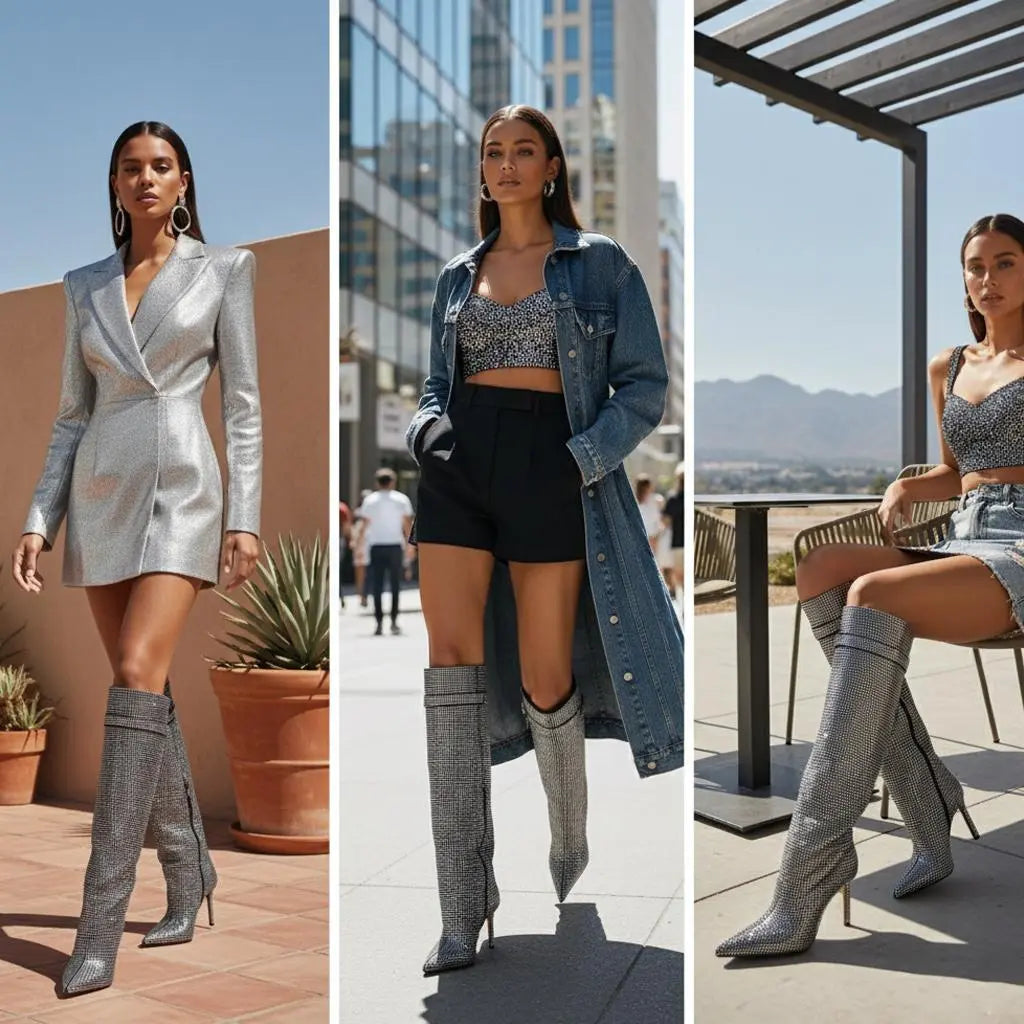 Tuhoomall Western Knee-High Cowboy Boots for Women, Stylish and Outdoor, Glittering Rhinestones and Metal Buckle, 12 cm Stiletto Heel Tuhoomall