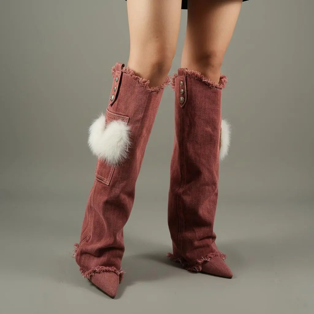 Tuhoomall Knee High Boots with Faux Fur and Metallic Buckles for Vintage Parties and Casual Outings Tuhoomall
