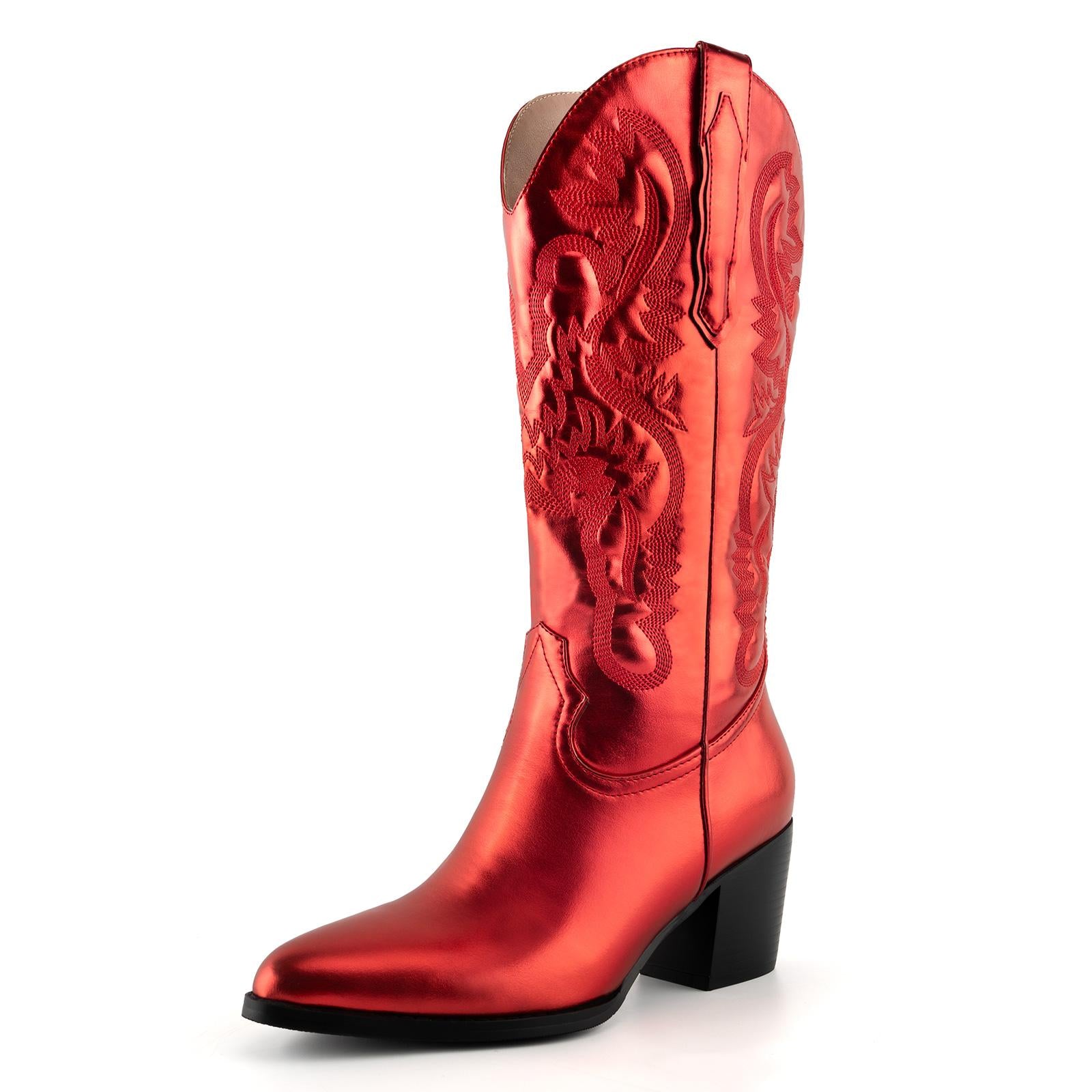 Tuhoomall Western Style Embroidered Mid Calf Boots for Women, Pointed Toe, Chunky Low Heel, Fashionable All-Season Footwear, Perfect for Parties