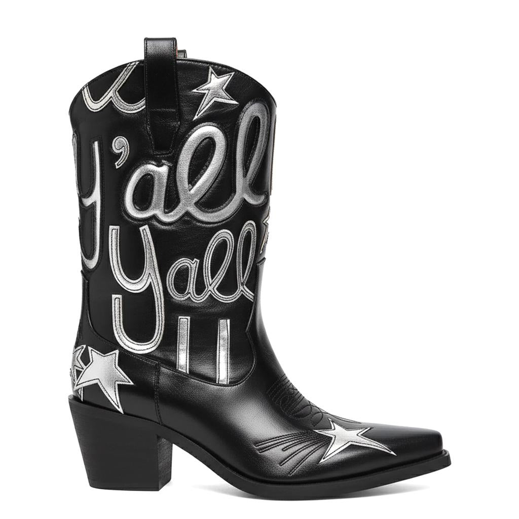 Tuhoomall Comfortable Western Boots for Fashion Parties and Daily Wear with Star and Letter Embroidery, Chunky Heel, Slip-On Design Tuhoomall