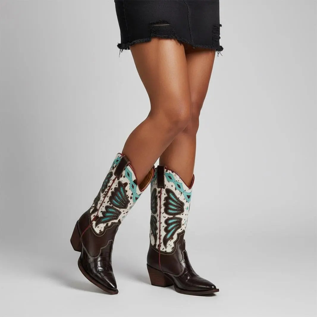 Tuhoomall Western Cowboy Boots for Women, Floral and Animal Print, Chunky Heels, Perfect for Parties and Fashion Events, Easy Slip-On Style Tuhoomall