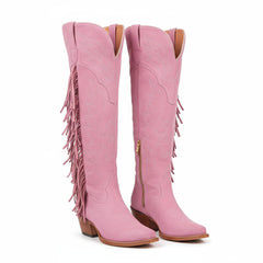 Tuhoomall Fringe Western Knee High Boots for Women, Soft Vegan Suede, Embroidered Design, Perfect for Vintage, Casual, and Party Wear