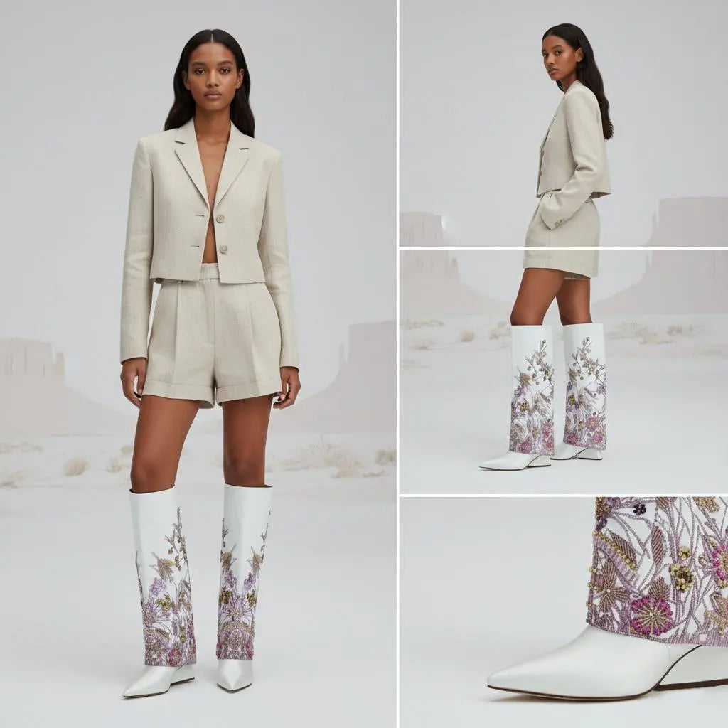 Tuhoomall Knee High Floral Print Heeled Boots with Sparkling Beads for Fashionable Parties and Casual Outings Tuhoomall