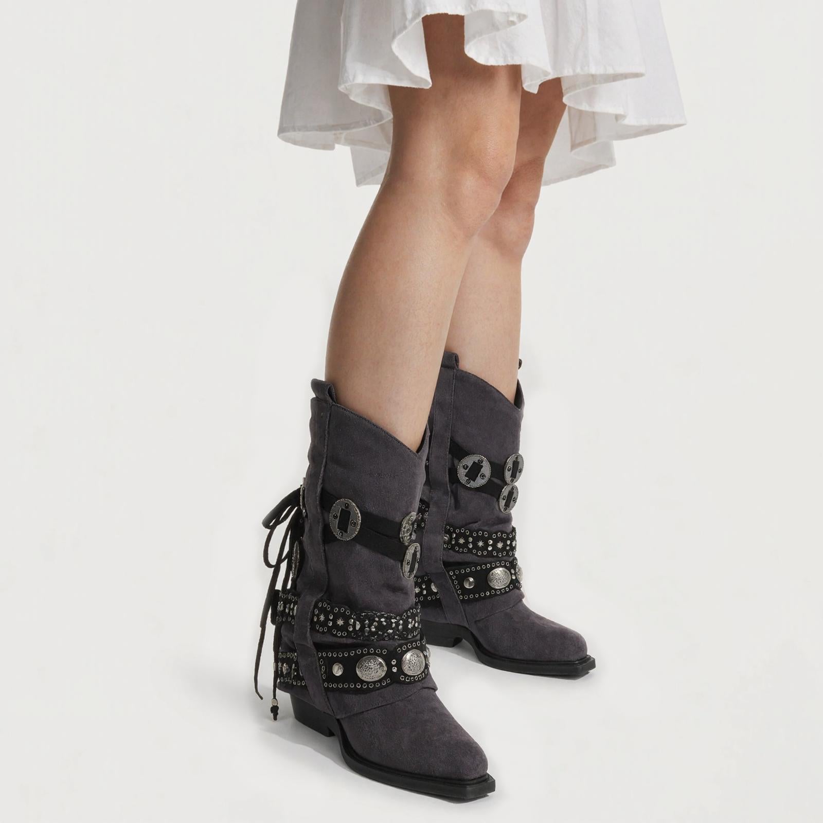 Tuhoomall Western Cowboy Boots for Women, Mid-Calf Pointed Toe, Chunky Heel Slip-On, Stylish Faux Suede with Hardware Accents, Ideal for All Seasons