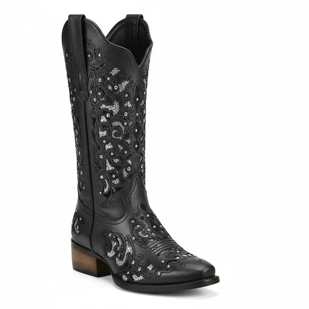Tuhoomall Western Style Embroidered Mid-Calf Boots For Fashion, Travel, Outdoor - Chunky Heel, Faux Suede, Slip-On, Rhinestones, 3cm Heel Height Tuhoomall