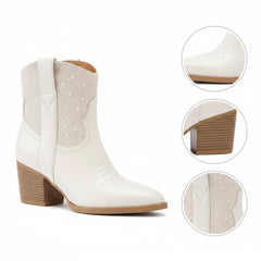 Tuhoomall Comfort Ankle Boots for Women with Chunky Heel and Pearl Embellishments, Perfect for Weddings, Parties, and Everyday Fashion