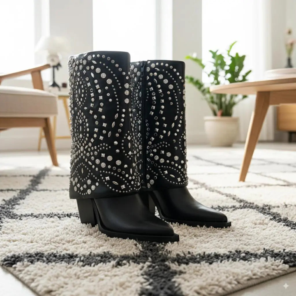 Tuhoomall Ankle Boots for Women, Stylish and Comfortable, Perfect for Parties and Casual Outings, Studded Design with Metal Buckle, 10cm Chunky Heel Tuhoomall