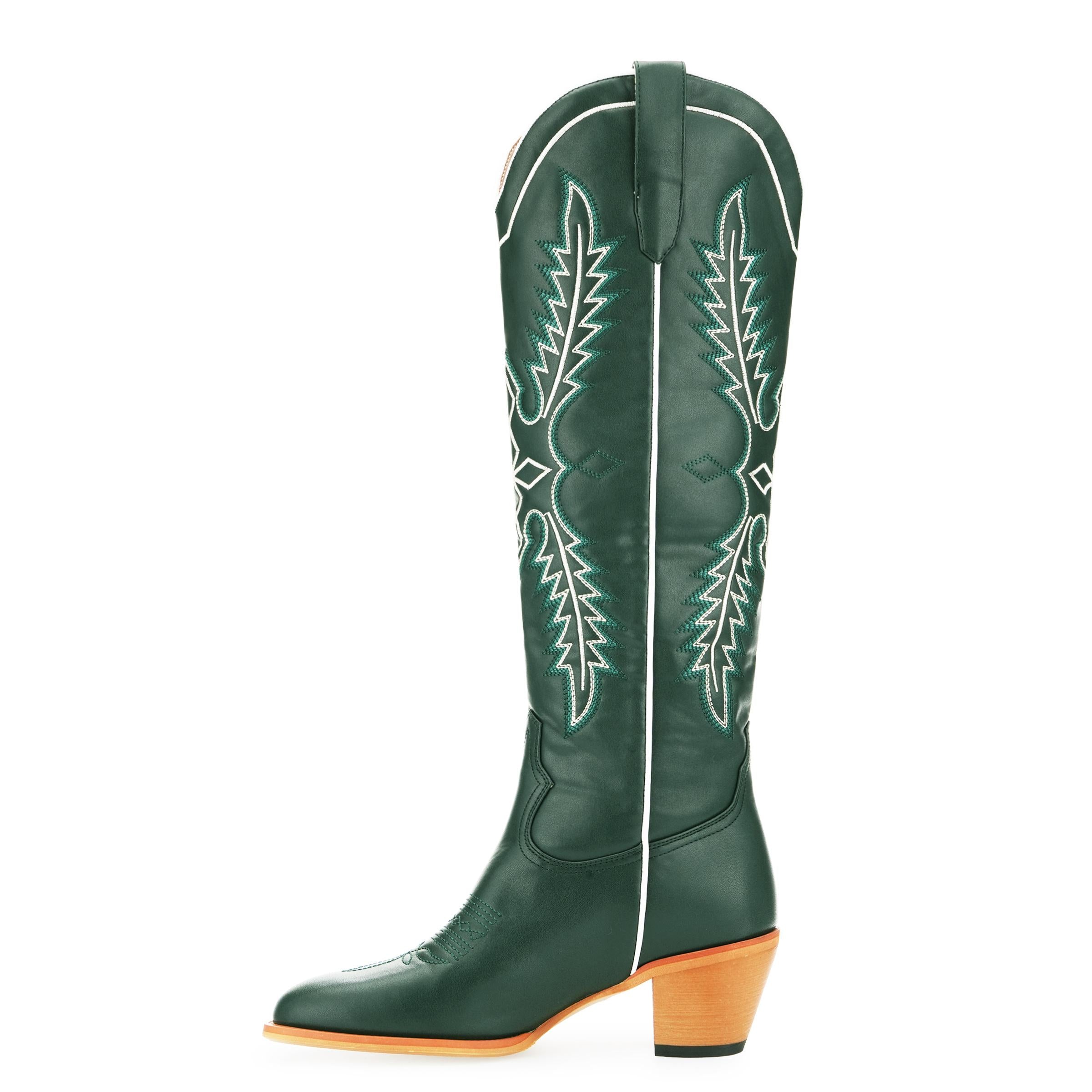 Tuhoomall Dark Green Embroidered Western Knee High Boots for Wide Calf with Chunky Heel