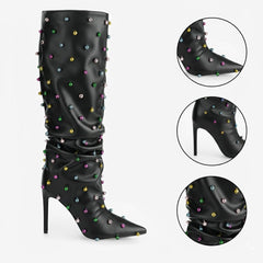 Tuhoomall Wrinkled Western Knee High Boots for Women with Pointed Toe, Sparkling Accents, Ideal for Fashionable Casual Outdoor Wear