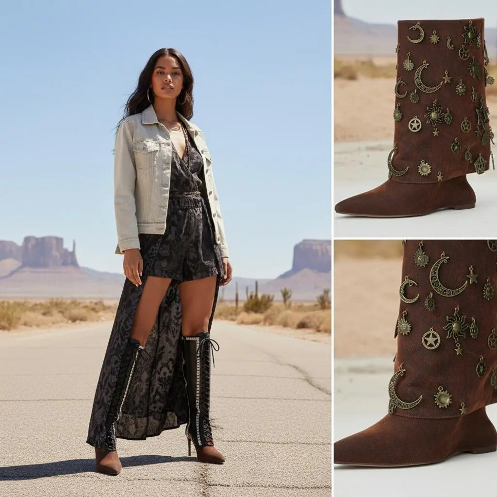 Tuhoomall Western Style Chunky Heeled Ankle Boots with Vintage Metallic Accents for Parties and Events Tuhoomall