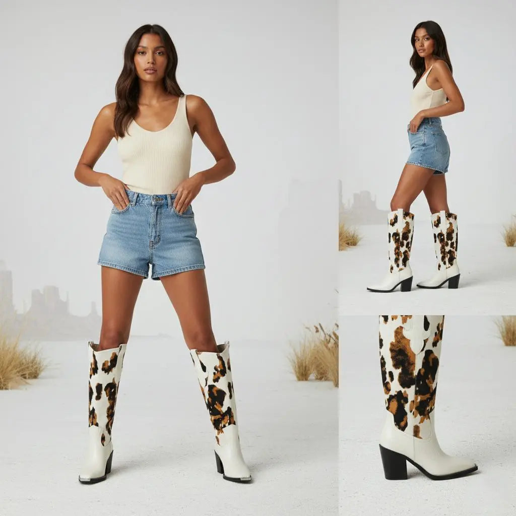 Tuhoomall Western Style Women's Ankle Boots With Lizard Pattern For Party And Dance, 8cm Chunky Heel, Easy Slip-On Design Tuhoomall