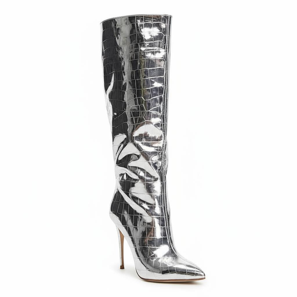 Tuhoomall Shiny Metallic Pointed Toe Mid-Calf Boots for Fashion Forward Performance - Rubber Sole, 3.75 in Heels, Mock-Croc Design, All Season