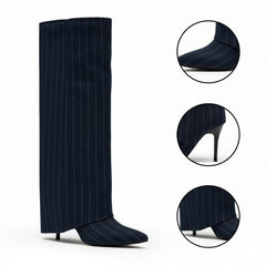 Tuhoomall Fashion Women's Foldable Ankle Boots, Striped Pointed Toe, 7cm Stiletto Heels for Work and Casual Wear