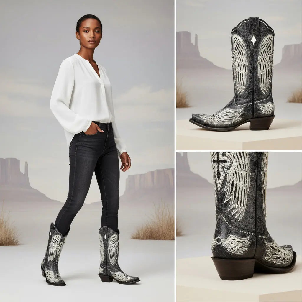 Tuhoomall Western Cowgirl Boots for Women, Chunky Heel Slip-on Mid Calf Boot, Snip-toe Design with Studs and Glitter for Outdoor Performance Tuhoomall