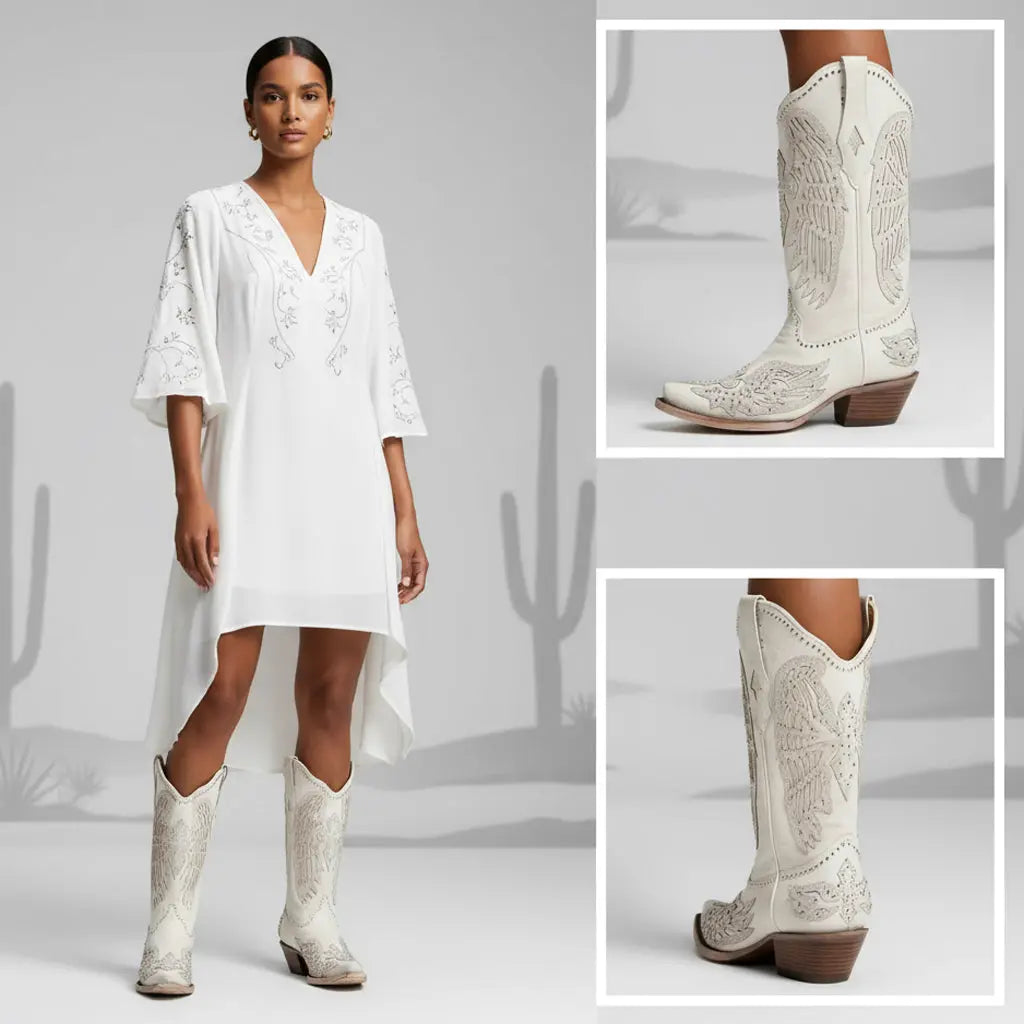 Tuhoomall Western Cowgirl Boots for Women, Chunky Heel Slip-on Mid Calf Boot, Snip-toe Design with Studs and Glitter for Outdoor Performance Tuhoomall