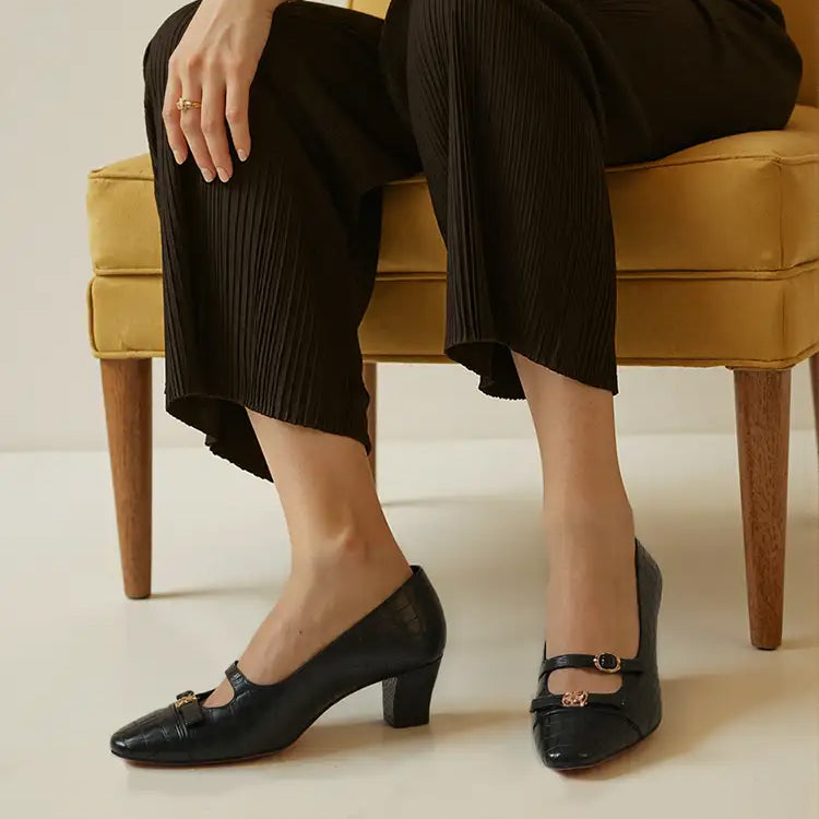 Tuhoomall Checkered Mid-Heel Sandals for Women, Comfortable Closed-Toe Design, Adjustable Buckle, 5cm Chunky Heel, Stylish Footwear for Work and Formal Occasions