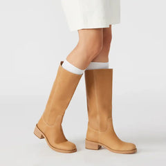 Tuhoomall Fashion Casual Boots for Women, Mid-Calf Length, Solid Color, Round Toe, Chunky Heel, Slip-On, Ideal for Work and Leisure, 5.4cm Block Heels