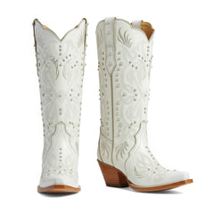 Tuhoomall Western Mid-Calf Boots For Women, 6cm Chunky Heel, Pearl And Embroidery Detail, Stylish Slip-On Design For All Occasions
