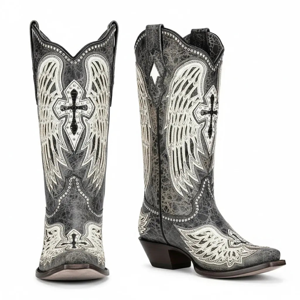 Tuhoomall Western Cowgirl Boots for Women, Chunky Heel Slip-on Mid Calf Boot, Snip-toe Design with Studs and Glitter for Outdoor Performance Tuhoomall