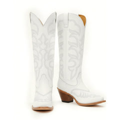 Tuhoomall Western Chunky Heel Mid Calf Boots, Embroidered Slip-On Stylish Footwear for Fashion Events and Casual Outings