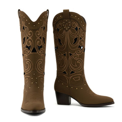 Tuhoomall Stylish Western Cowboy Boots with Floral Embroidery, Chunky Heel, Slip-On Design, Breathable Hollow for Casual and Dressy Occasions
