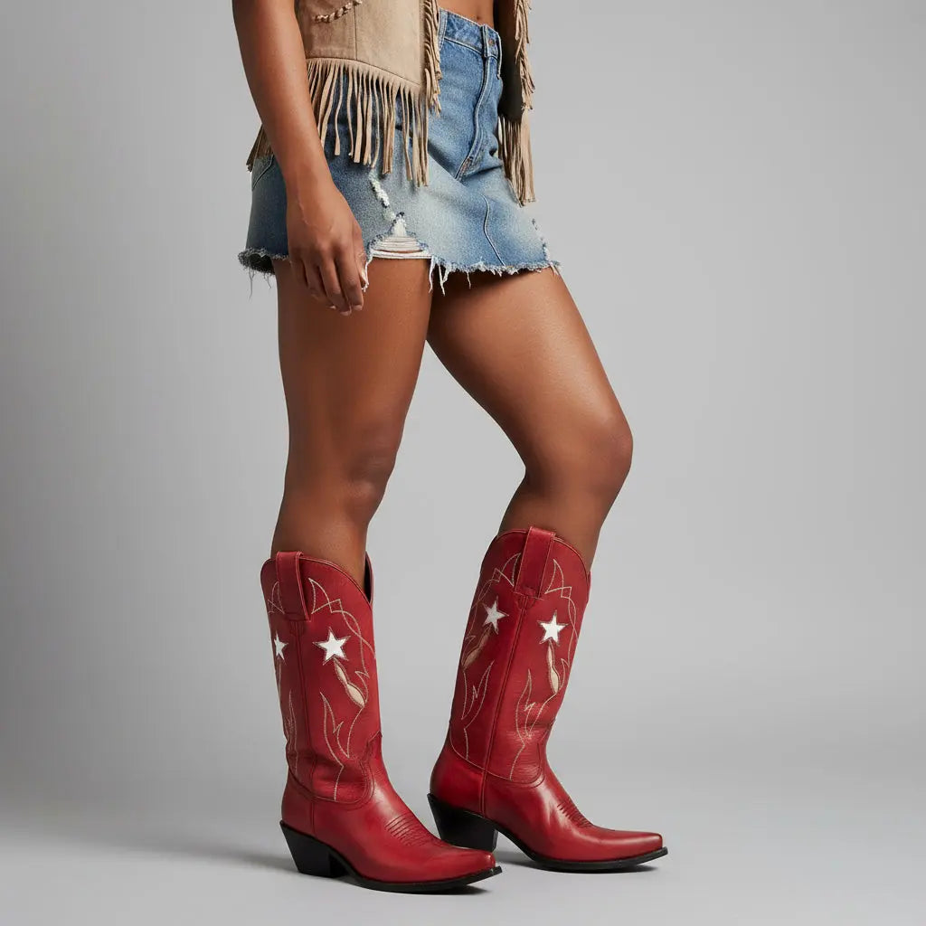 Tuhoomall Western Snip-Toe Mid Calf Boots with Floral Embroidery, Slip-On Chunky Heel, Perfect for Casual Travel and Stylish Outings Tuhoomall