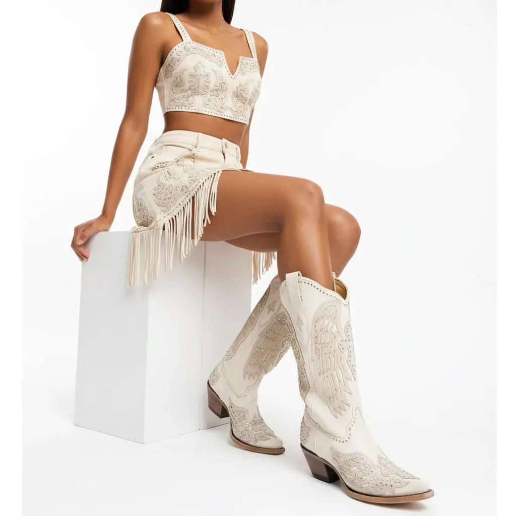 Tuhoomall Western Cowgirl Boots for Women, Chunky Heel Slip-on Mid Calf Boot, Snip-toe Design with Studs and Glitter for Outdoor Performance Tuhoomall