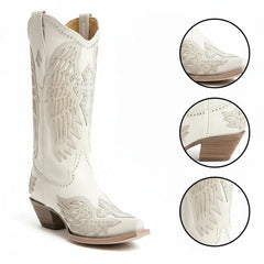 Tuhoomall Western Cowgirl Boots for Women, Chunky Heel Slip-on Mid Calf Boot, Snip-toe Design with Studs and Glitter for Outdoor Performance Tuhoomall