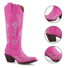 Tuhoomall Western Cowgirl Boots, Chunky Heel, Slip-On, Floral Embroidery, Mid Calf Boot for Fashion, Casual, Outdoor, Parties, All Seasons